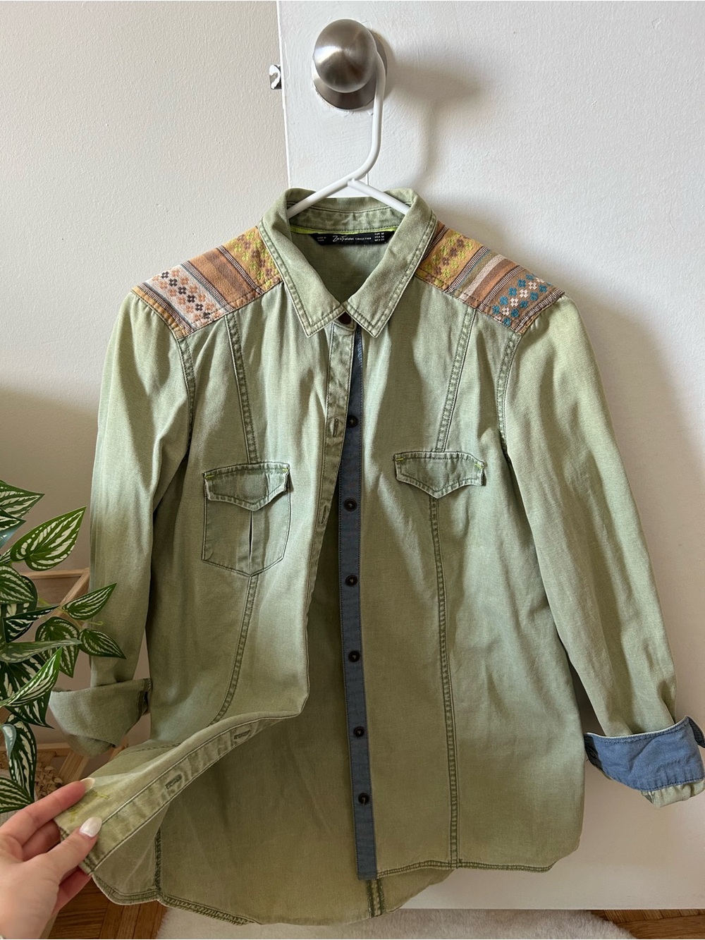 Zara Green Jean Jacket with shoulder embroidery